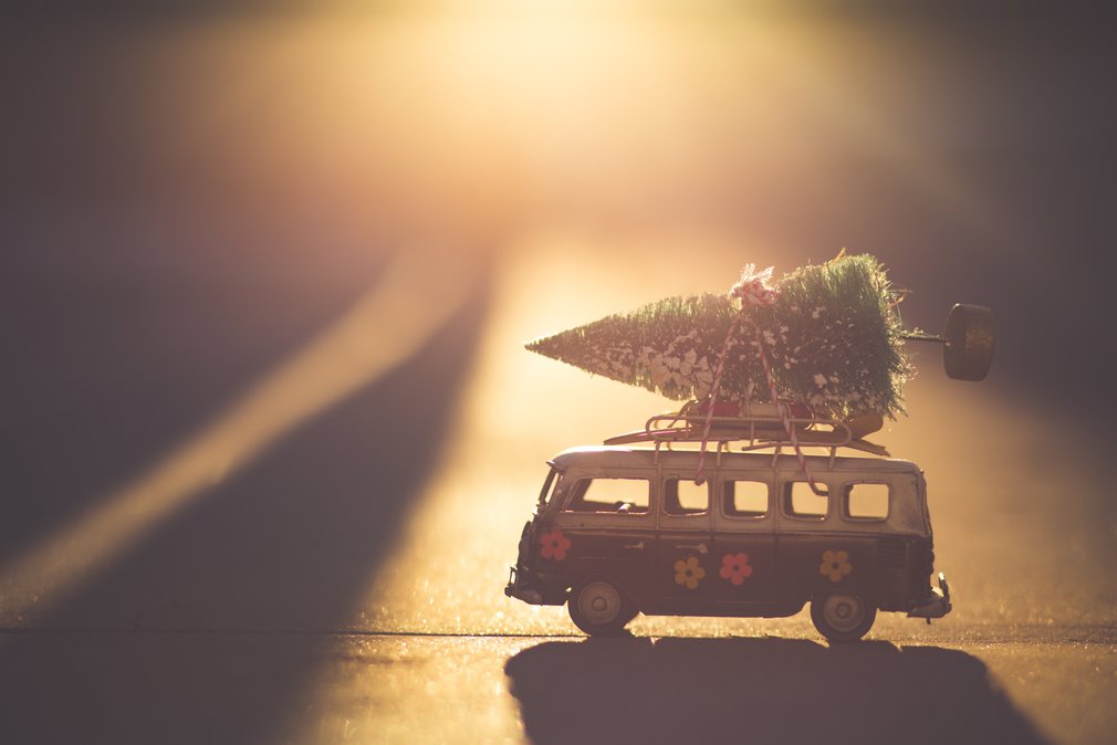 Spielauto VW Bus transportiert Weihnachtsbaum auf dem Dach
