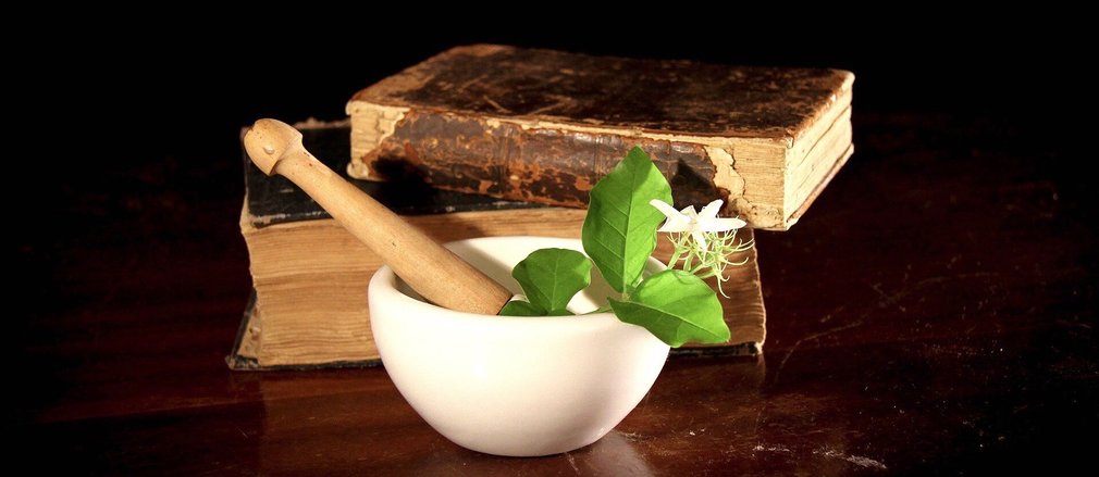 Mörser mit Pflanze und altem Medizienbuch