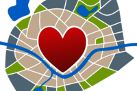Grafik. Rotes Herz in der Mitte eines Stadtplans.