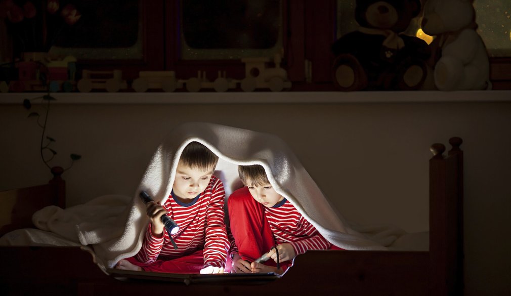 Übernachtungsbesuch: Zwei Freunde lesen nachts unter der Decke